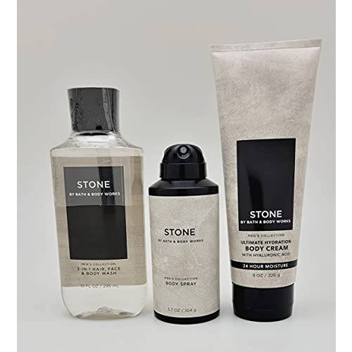 Bath & Body Works - Stone – For Men - 3 pc Bundle - 3-in-1 Hair, Face & Body Wash, Deodorizing Body Spray and Ultimate Hydration Body Cream – 2021