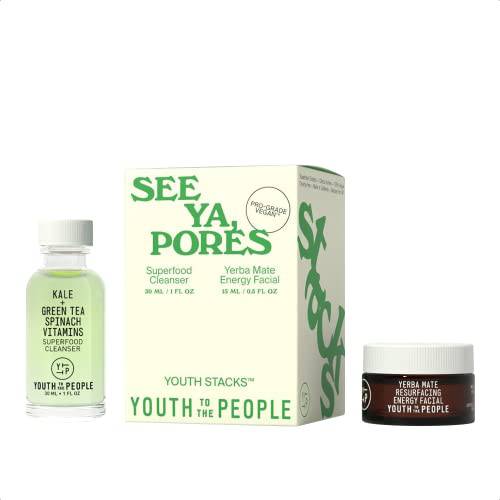 Youth To The People Youth Stacks See Ya, Pores - Superfood Cleanser (30mL) + Yerba Mate Energy Facial (15mL) Mini Skincare Set - Vegan Face Wash + Exfoliating Mask to Keep Skin Clear + Smooth