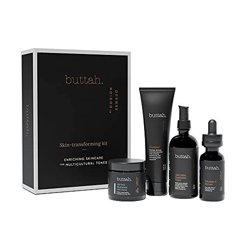 Buttah Skin Supreme Kit for Melanin Rich Skin | Oil-Free Hyaluronic Gel Cream 2 oz | Vitamin C Serum 1 oz | Cleanser 3.4 oz | Rosewater Toner 3.4 oz | Black Owned Skincare
