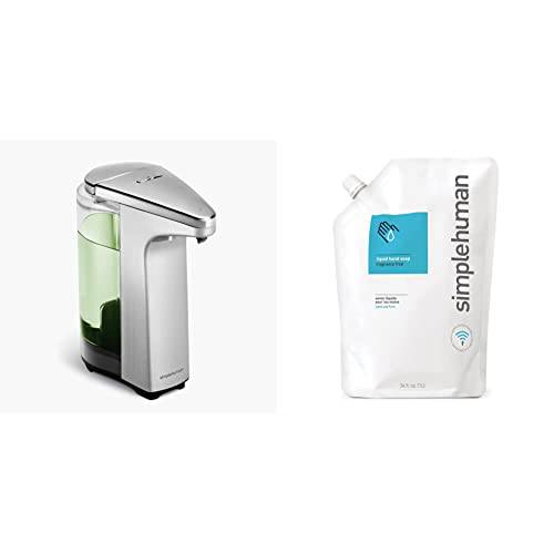 simplehuman 8 oz. Touch-Free Sensor Liquid Soap Pump Dispenser with Soap Sample, Brushed Nickel & Fragrance Free Moisturizing Liquid Hand Soap Refill Pouch, 34 Fl. Oz