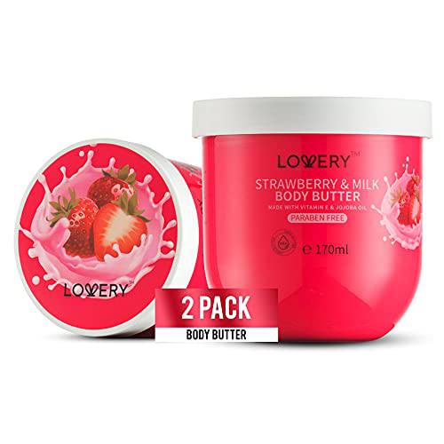 LOVERY Strawberry Milk Whipped Body Butter, 2-Pack Ultra-Hydrating Shea Butter Body Cream Enriched with Jojoba Oil and Vitamin E - Natural Skin Moisturizer for Men and Women - Normal to Dry Skin