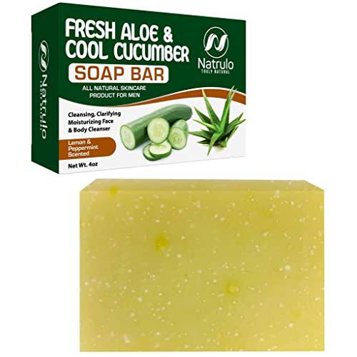 Natrulo Aloe Vera Soap Bar – 4oz Scented Aloe Vera Soap Bar for Men – All Natural Aloe Vera Face & Body Wash Bar Soap for Every Man, with Cool Cucumber & Fresh Aloe – Cooling, Soothing, Itch Relief Tingly Lemon Peppermint Cleanser – Aloe Vera Soap Bar Made in the USA