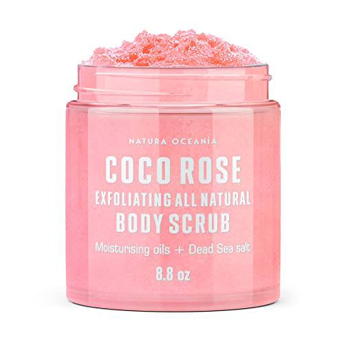 Natura Oceania Rose Coconut Body Scrub for women. Exfoliating Skin bath scrub. Natural seasalt scrub wash for body skin & face Organic Moisturizing botanical oils good for Men & Women