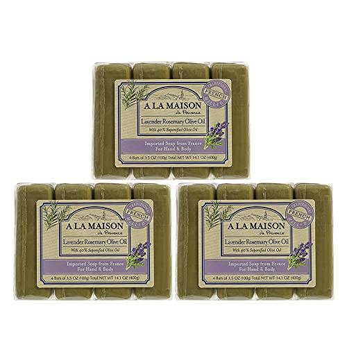 A LA MAISON Lavender Rosemary Olive Oil Bar Soap - Triple French Milled Natural Moisturizing Hand Soap Bar (4 Bars of Soap, 3.5 oz)