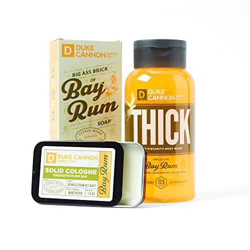 Duke Cannon Supply Co. Bay Rum Bender Bundle for Men (Citrus Musk, Cedarwood, Island Spice Scent) - Featuring THICK High-Viscosity Body Wash, Big Ass Brick of Soap Bar & Solid Cologne (3 Piece Set)