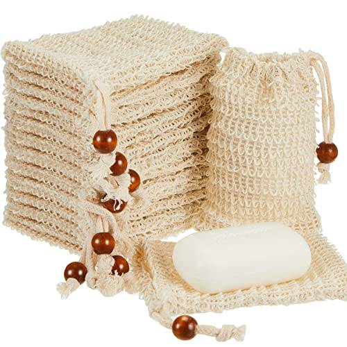 Cunhill Soap Saver Bag Sisal Soap Bag Exfoliating Soap Pouch with Drawstring Bar Soap Bag with Wooden Bead Foaming and Drying Soap Exfoliating Net Soap Saver for Bath and Shower (40)