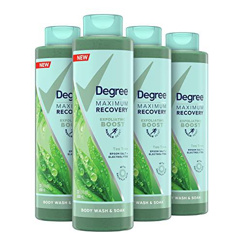 Degree Body Wash and Soak Post-Workout Recovery Skincare Routine Exfoliating Tea Tree + Epsom Salt + Electrolytes Bath and Body Product, 22 Fl Oz (Pack of 4)