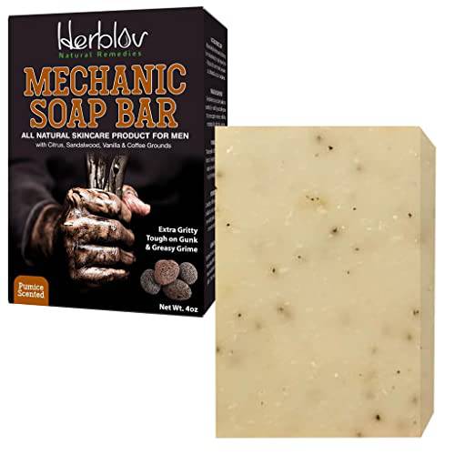Men’s Natural Mechanic Soap for Hands & Body, 4oz Scented Pumice Soap Bar for Him – Extra Gritty Tough on Gunk & Greasy Grime Exfoliating Soap with Citrus, Sandalwood, Vanilla & Coffee Grounds – Quality Soap Handcrafted in the USA