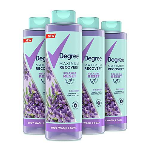 Degree Maximum Recovery Body Wash and Soak Post-Workout Recovery Skincare Routine Lavender Extract + Epsom Salt + Electrolytes Bath and Body Product 22 Fl Oz (Pack of 4)