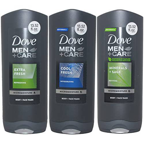 Dove Men Body Wash, Variety Set of 3, Cool Fresh, Extra Fresh and Minerals + Sage, 13.5 oz. Each