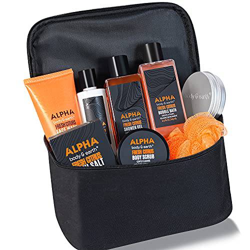 Gift Baskets for Men-Bath Spa Gift Set for Men,Body and Earth 9 Piece Citrus Scented Spa Set with Body Lotion, Face Wash, Shower Gel, Bubble Bath, Loofa & More, Gifts for Him