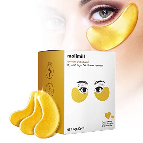 30Pcs 24k Gold Eye Mask Hydrogel Under Eye Collagen Patches, Eye Pads for Puffy Eyes and Dark Circles, Deep Moisturizing Recovery Eye Mask with Hyaluronic Acid