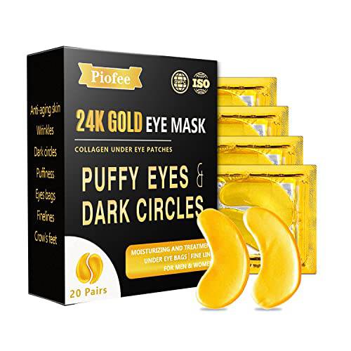 Piofee Under Eye Patches for Puffy Eyes - 20 Pairs - 24k Gold Eye Mask for Under Eye Bags, Wrinkles and Dark Circles, Under Eye Treatment for Women and Men with Collagen for Soothing