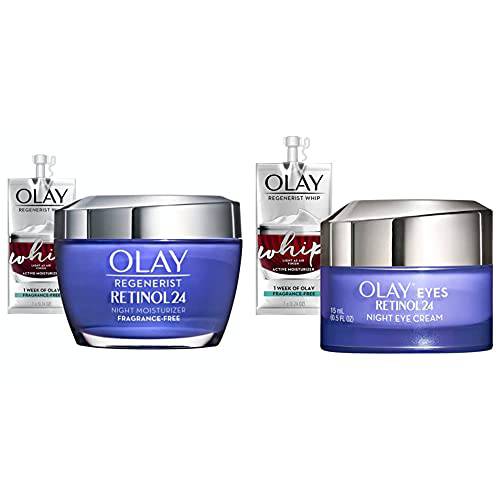 Olay Regenerist Retinol 24 Night Face Moisturizer (1.7 Oz) and Night Eye Cream (0.5 Oz) + 2 Travel Size Whip Face Moisturizers
