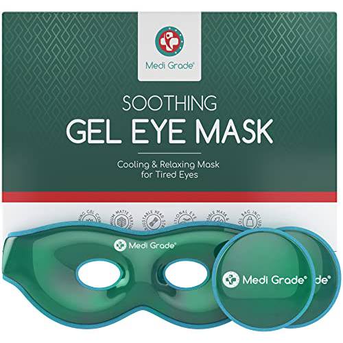 Medi Grade Cooling Eye Mask - Reusable Gel Eye Mask with 2 x Cooling Eye Pads and Cooling Storage Bag - Reversible Eye Mask with Adjustable Straps