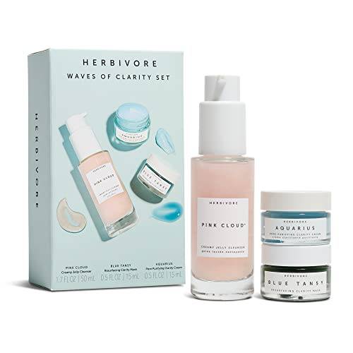 HERBIVORE Botanicals Waves of Clarity Pore Purifying Set – Pink Cloud Cleanser (1.7 oz), Blue Tansy Resurfacing Mask (0.5 oz) and Aquarius Pore Purifying Cream (0.5 oz)