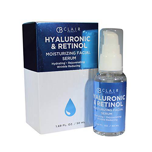 CB Clair Hyaluronic Acid and Retinol Moisturizing Facial Serum, Hydrating Rejuvenating and Wrinkle Reducing 1.69 Oz