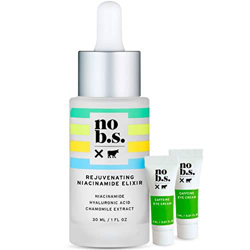 NO B.S. Rejuvenating Niacinamide Serum With Hyaluronic Acid and Chamomile Extract - Dark Spot Remover, Anti-Aging, Acne, Hyperpigmentation Treatment Serum (1 oz), Includes Two Caffeine Eye Cream Deluxe Minis