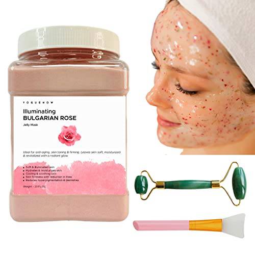 Jelly Face Mask for Facials - Bulgarian Rose Hydrating, Brightening & Nourishing Jelly Mask with Free Jade Roller & Spatula | Professional Hydrojelly Masks | Vajacial Jelly Mask Powder | 23 Fl Oz Jar Face Mask Skin Care