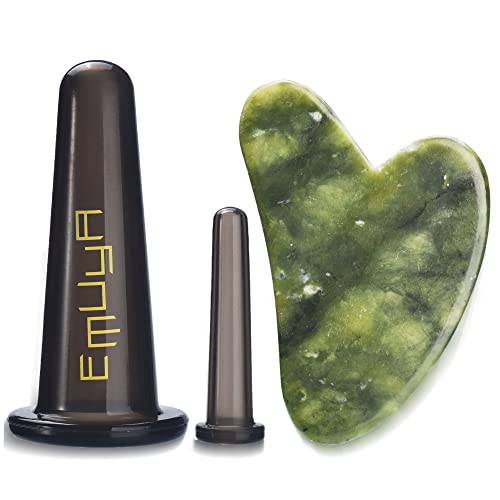 Gua Sha Facial Cupping Set for Face and Neck – Guasha Facial Tools Face Cupping Set for Anti Aging– Real Jade Gua Sha Stone & 2 Sizes Silicon Cups - Sculpting, Contour Jawline, Glowing Skin