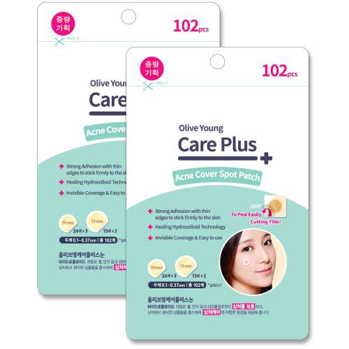 OLIVE YOUNG 2 Pack Care Plus Spot Patch 102ea (Total 204ea = 10mm 144ea + 12mm 60ea) - Acne Spot Pimple Absorbing Cover Patch, Moist Wound Dressing for Skin Trouble Acne Pimple Care Hydrocolloid Patch
