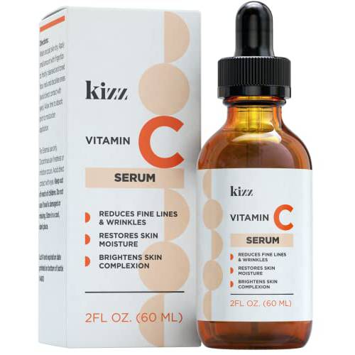 KIZZ Vitamin C Serum - Facial Skin Care Formulated with Hyaluronic Acid, Vitamin E, Aloe, Jojoba Oil & Witch Hazel - For Brightening & Moisturizing Skin - Helps Lift Fine Lines, Wrinkles - 2 fl. Oz