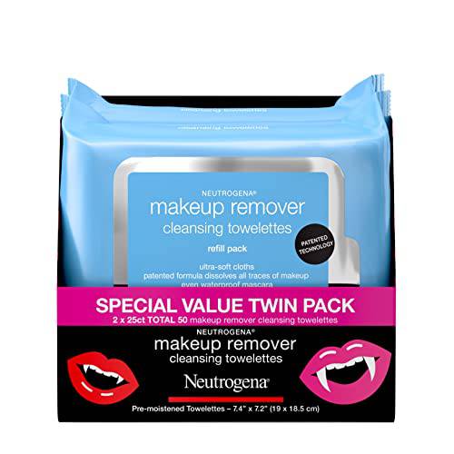 Neutrogena Makeup Remover Cleansing Face Wipes, Daily Cleansing Facial Towelettes to Remove Waterproof Makeup and Mascara, Alcohol-Free, Value Twin Pack, 25 Count, 2 Pack