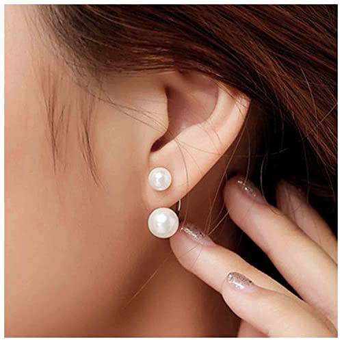 Yheakne Boho Pearl Ear Jacket Earrings Silver Round Pearl Studs Earrings Double Sided Earrings Minimalist Front Back Earrings Bridal Jewelry for Women and Girls Gifts