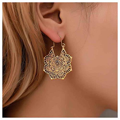 Yheakne Boho Mandala Flower Earrings Gold Dangle Earrings Tribal Earrings Vintage Ethnic Hoop Earrings Jewelry for Women and Girls (Gold)