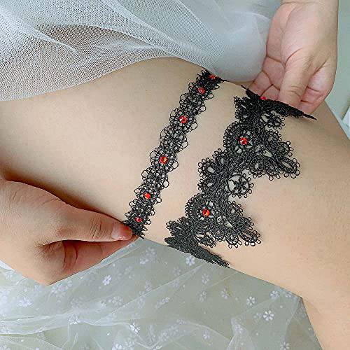 Sttiafay 2Pcs Wedding Bridal Garters Red Rhinestones Dector Black Lace Garter Belt Sexy Thigh Ring Accessories for Women and Teen Girls