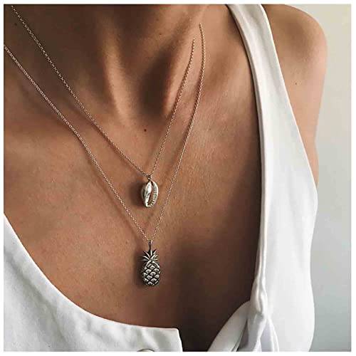 Yheakne Boho Layered Shell Pineapple Choker Necklace Silver Seashell Pendant Necklace Vintage Cowrie Shell Necklace Beach Charm Necklace Jewelry for Women and Girls Gifts