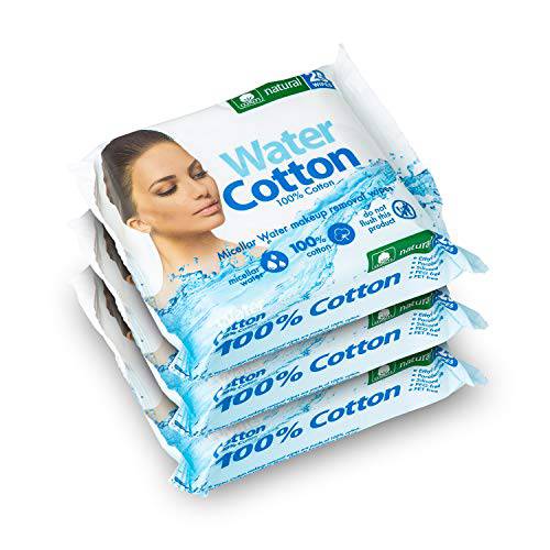 WaterCotton Makeup Remover 3-pack of 25 Wipes 100% Cotton and Micellar Water, Biodegradable 25 with Aloe Vera