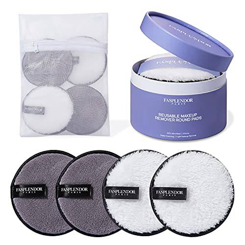 FASPLENDOR Reusable Makeup Remover Pads, Washable Microfiber Remover Pads + Built-in Sponge for Makeup Remover | Facial Cleansing | Body Exfoliating Dual Texture, Large Size, 4 Count + Laundry Bag