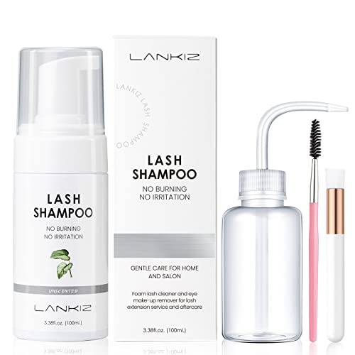 LANKIZ Eyelash Extension Shampoo,+2 Brush,Sensitive Eyelid Foam Lash Cleanser For Extension,Deep Clean Eyelash,Makeup& Mascara Remover& Spa, Professional & Self Use (100ml//Unscented/)