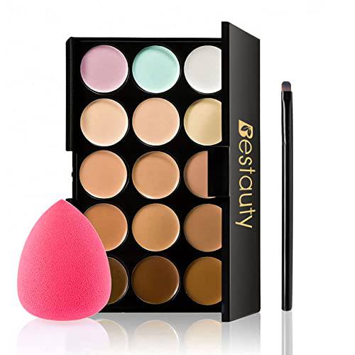 Color Correcting Concealer Palette, Bestauty 15 Colors Multi-Use Concealer Highlighting Makeup Kit with Sponge Puff Oval & Makeup Brush