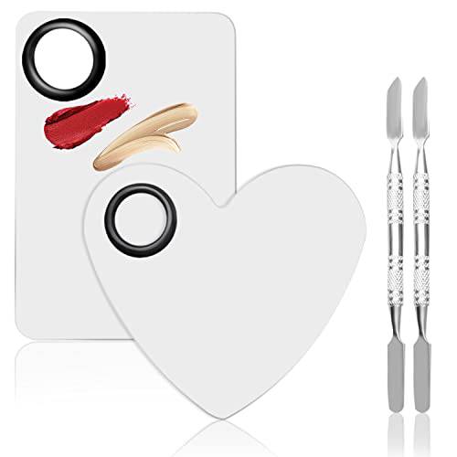 4 in 2 Set Makeup Mixing Palettes, 2 Pcs Stainless Steel Nail Art Palette with 2 Makeup Spatula for Foundation Makeup Tools Eyeshadow Nail Art (4 in 2 Silver Heart Rectangular)