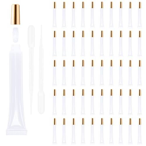 50 PCS Empty long slim 15ml squeeze lip gloss tube lip oil soft tubes with Syringes (gold)