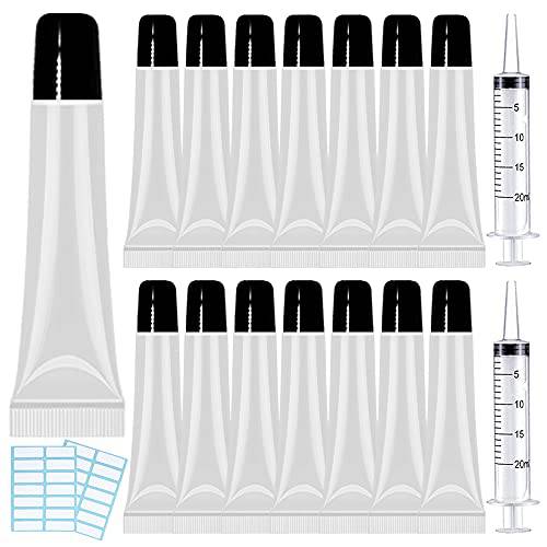 50PCS Lip Gloss Tubes 15ml Black Cap Lip Gloss Containers Empty Lip Balm Tubes Refillable Cosmetic Squeeze Lipgloss Tubes + 2 x 20ml Syringes Tag Labels Stickers for DIY Lip Gloss Base Glitter
