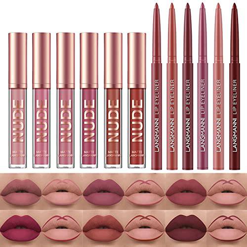 Lip Liner and Lipstick Set, 6 Velvety Matte Liquid Lipsticks + 6 Matching Smooth Lip Liner Pens, One Step Lips Makeup Kits Nude Lip Stain for Black Women Waterproof Long Lasting 24 Hours