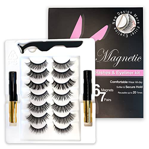Magnetic Eyelashes with Eyeliner Kit 7 Pairs, 3D Wispy Lashes Natural Look, 7 Styles Fluffy False Eyelashes Pack, by Kmilro