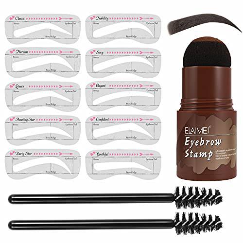 13 in 1 Eyebrow Stamp Shaping Kit The Brow Definer Powder Stamp Makeup with 10 Reusable Eyebrow Stencils, Eyebrow Pen Brush and Eyebrow Trimmer Long Lasting Waterproof Buildable Eyebrow Makeup Tools (Medium Brown)