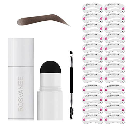 Eyebrow Stamp Stencil Kit, One Step Eyebrow Stamp and Shaping Kit, Perfect Eyebrow Long Lasting Waterproof Eyebrow Powder with 24 Styles Reusable Stencils, Dark Brown