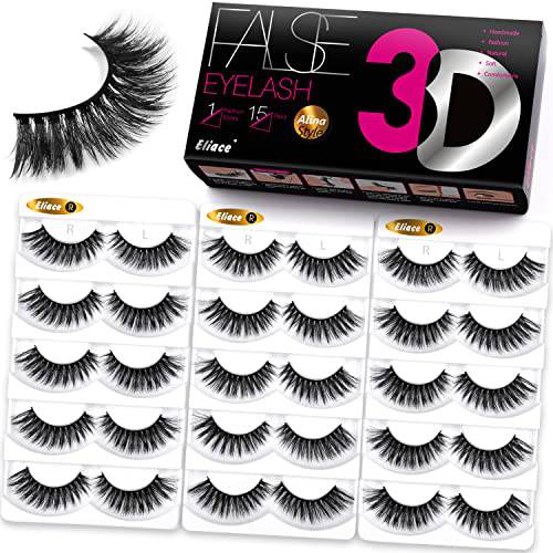 Eliace False Lashes Strip 3D Faux Mink Lashes Pack,100% Handmade Luxe Full Fat False Lashes Natural Lightweight Thick Fluffy Volume & Reusable Fake Eyelashes 15 Pairs, Julia Style