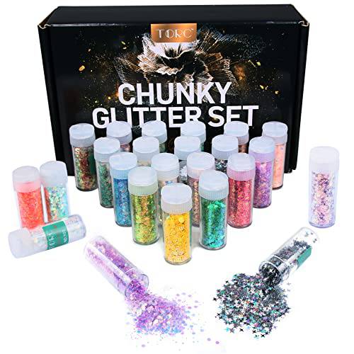 TORC Holographic Chunky Glitter Set, 24 Colors, Fine Chunky Mix Glitter for Nail Art Cosmetic Body Hair Festival Makeup Crafts, Shaker Jar Total 240 g