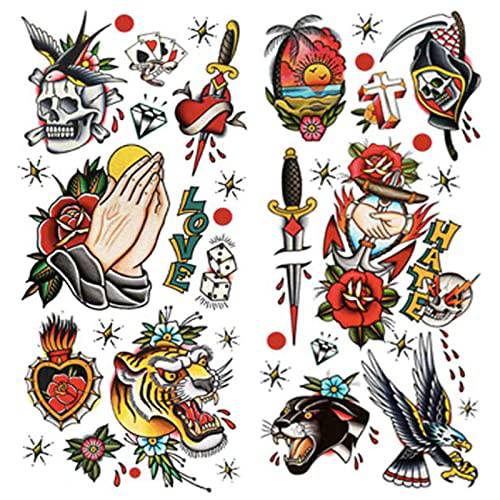 PUSNMI 120×260mm Classic Temporary Tattoo Sailor Jerry Temporary Tattoos for Women Men Cool Skull Tattoo for Arm Leg Face Lasting Mix Style Body Art Tattoos for Halloween Club