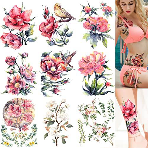 Glaryyears Large Vivid Flower Temporary Tattoos for Women, 9-Pack White Ink Bright Vein Realistic Fake Tattoo Stickers, Perfect on Body Arm Thigh Waist or Rock Art Tumblers Glass