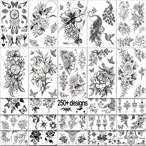 Aresvns Black Flower Realistic temporary tattoo for women 250 pcs,Waterproof Sexy Floral fake tattoos that look real and last long for all ages Christmas Gift