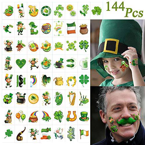 St. Patrick’s Day Shamrock Temporary Tattoos, Waterproof Body Face Stickers Party Favors 144 PCS