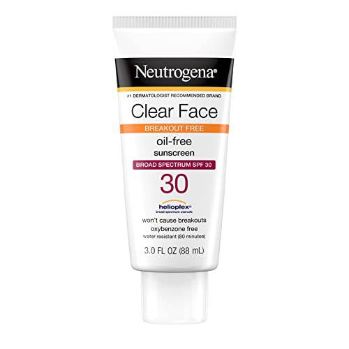 Neutrogena Clear Face Liquid Sunscreen for Acne-Prone Skin, Broad Spectrum SPF 30 Sunscreen Lotion with Helioplex, Oxybenzone-Free, Oil-Free, Fragrance-Free Non-Comedogenic, 3 fl. oz