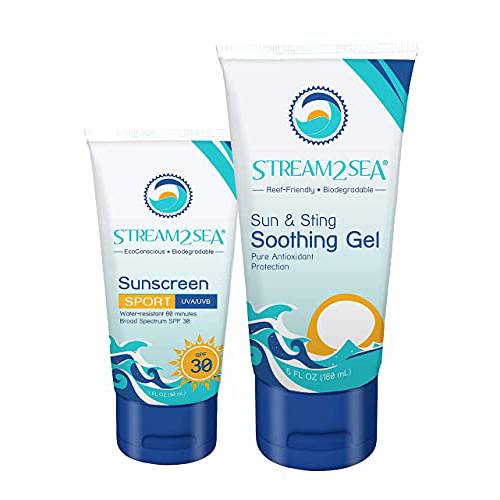 Stream2Sea SPF 30 Sport Sunscreen & Sun & Sting Aloe Vera Gel Combo - Natural Protection for Skin and Body - Reef Safe and Paraben Free. .